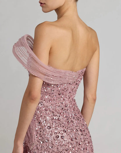 Pink Embellished Strapless Gown With Sculptural Drape