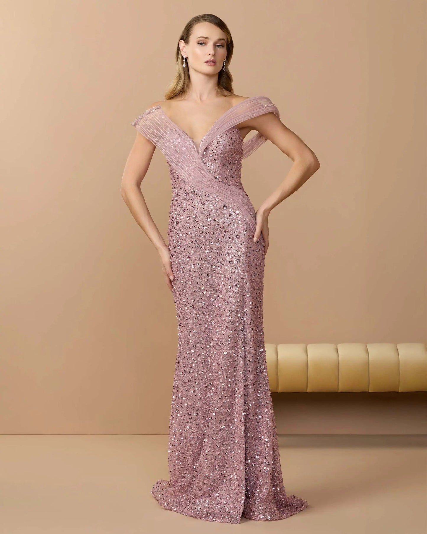 Pink Embellished Strapless Gown With Sculptural Drape