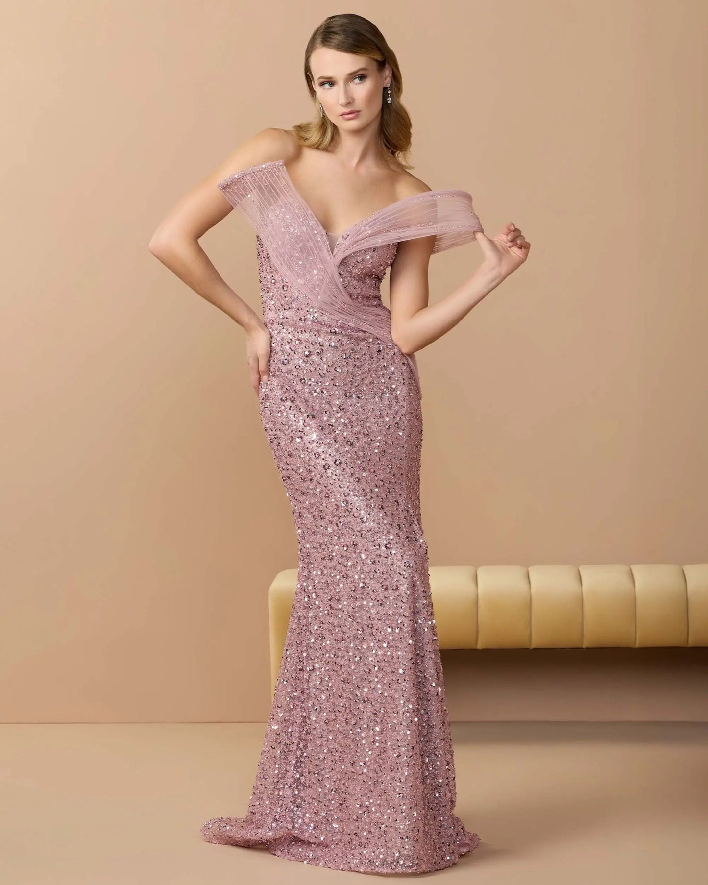 Pink Embellished Strapless Gown With Sculptural Drape