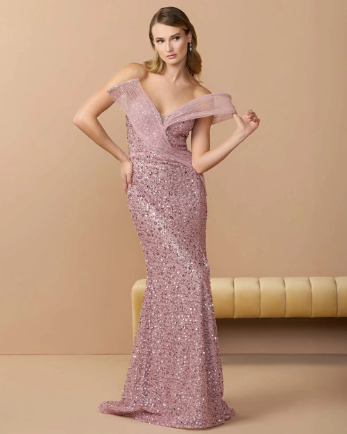 Pink Embellished Strapless Gown With Sculptural Drape