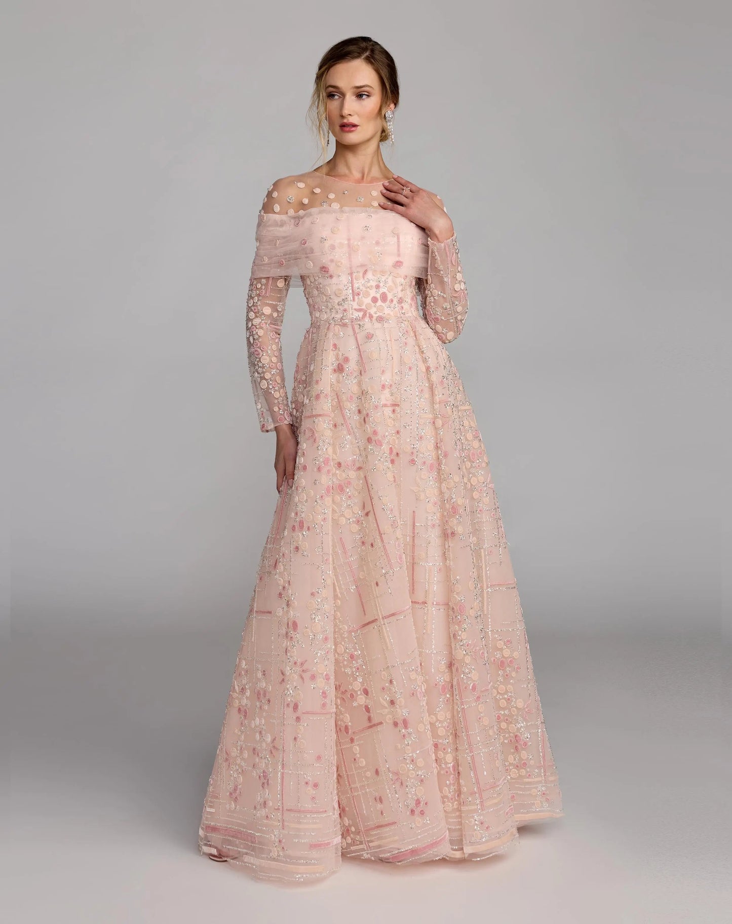 Pink Off The Shoulder Embellished Long Sleeve Ball Gown