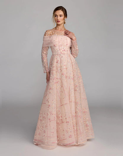 Pink Off The Shoulder Embellished Long Sleeve Ball Gown
