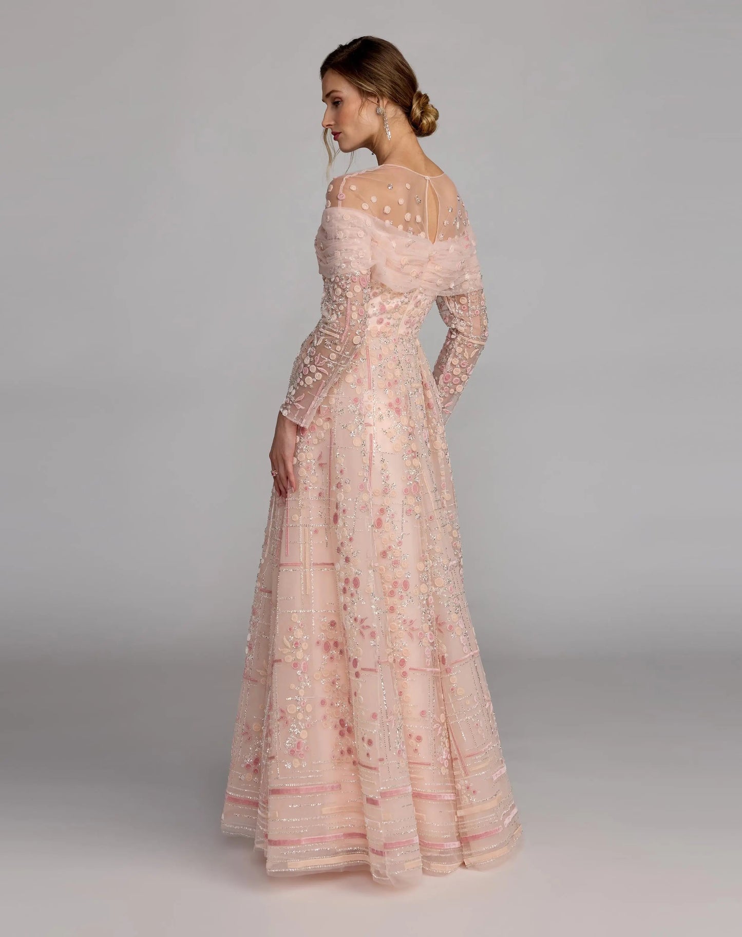 Pink Off The Shoulder Embellished Long Sleeve Ball Gown