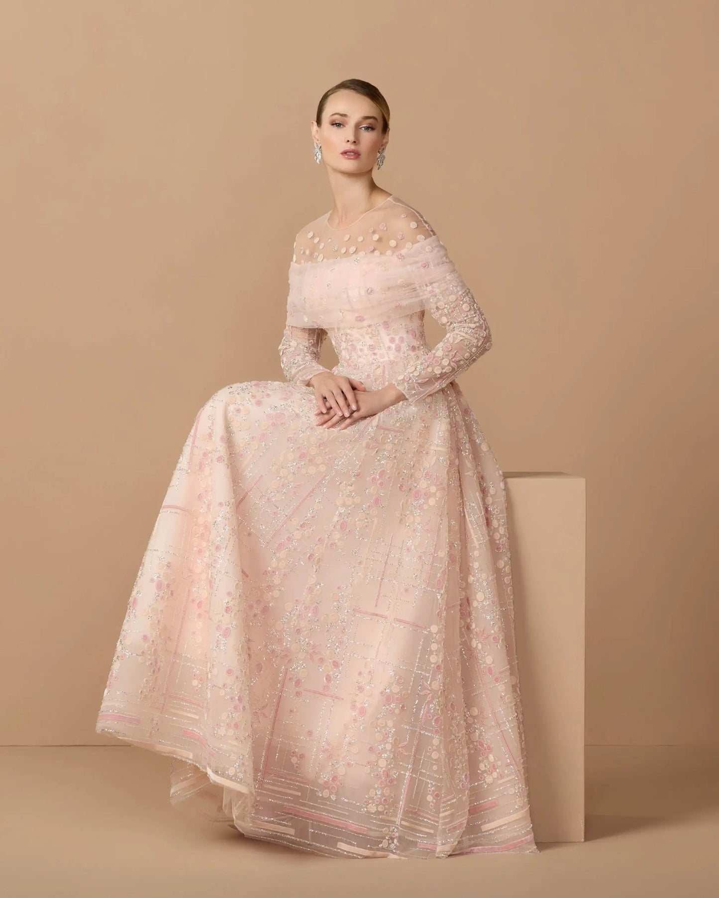 Pink Off The Shoulder Embellished Long Sleeve Ball Gown