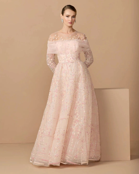 Pink Off The Shoulder Embellished Long Sleeve Ball Gown