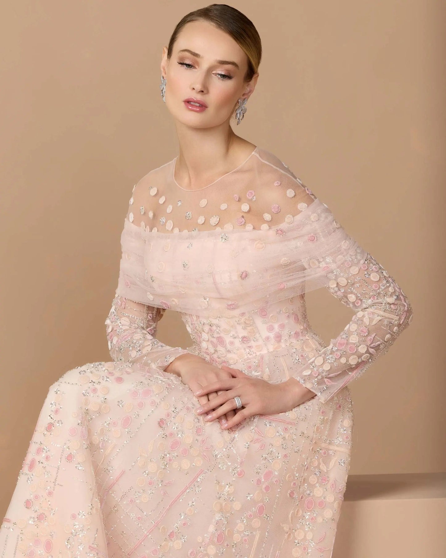 Pink Off The Shoulder Embellished Long Sleeve Ball Gown