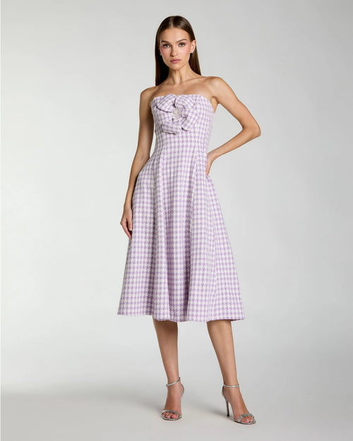 Purple Embellished Boucle Strapless Midi Dress