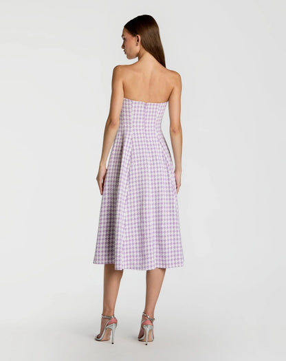 Purple Embellished Boucle Strapless Midi Dress