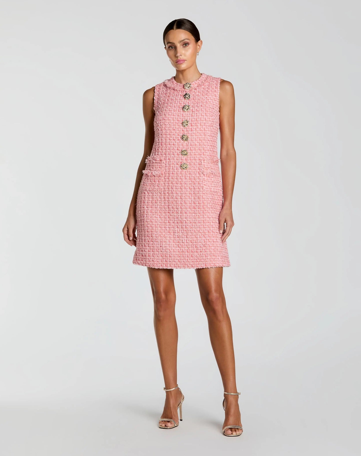 Pink Boucle Sleeveless Mini Dress with Gold Buttons