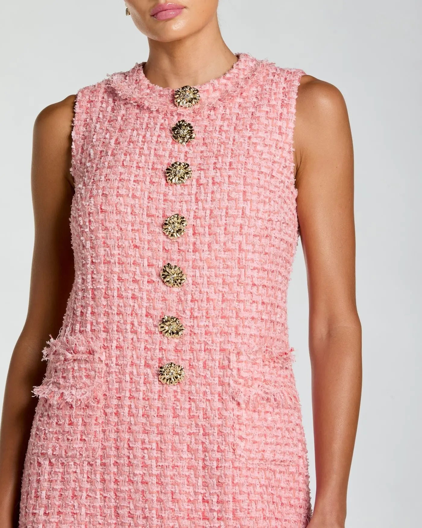 Pink Boucle Sleeveless Mini Dress with Gold Buttons