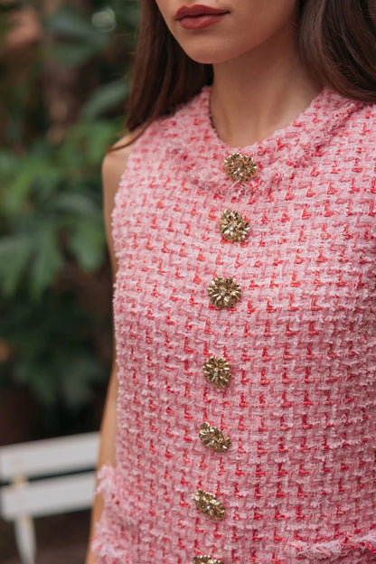Pink Boucle Sleeveless Mini Dress with Gold Buttons