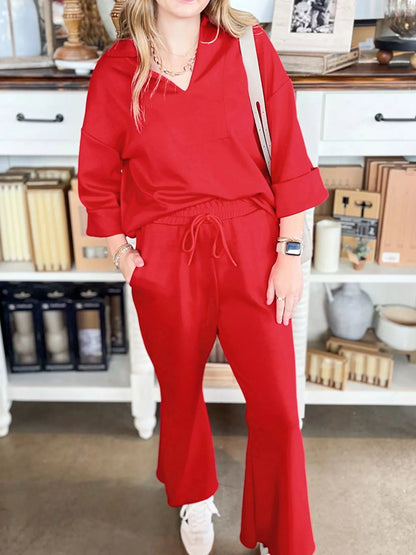 Hazel Blues® |  Polo Collar V Neck 3/4 Sleeve Pullover Drawstring Bell Bottom Pants 2pcs Set