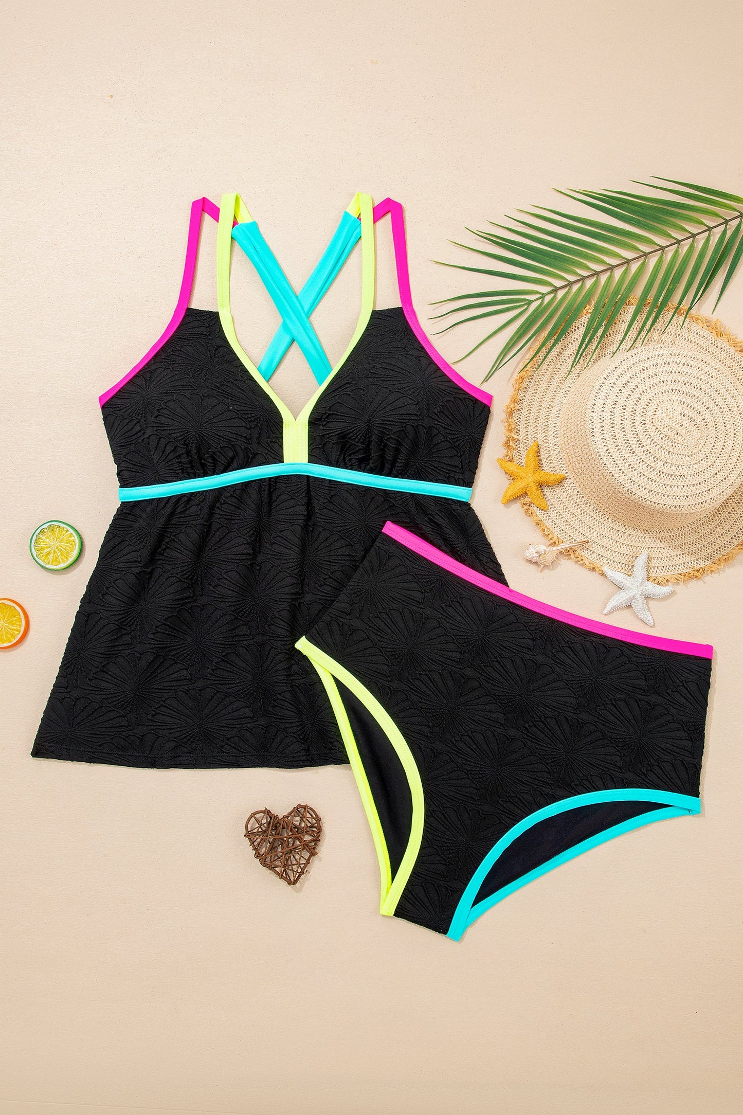 Hazel Blues® | Black Floral Textured Neon Trim V Neck Crisscross Backless Tankini Set