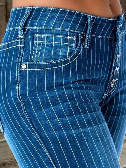 Hazel Blues® |  Striped Button Fly Flare Jeans