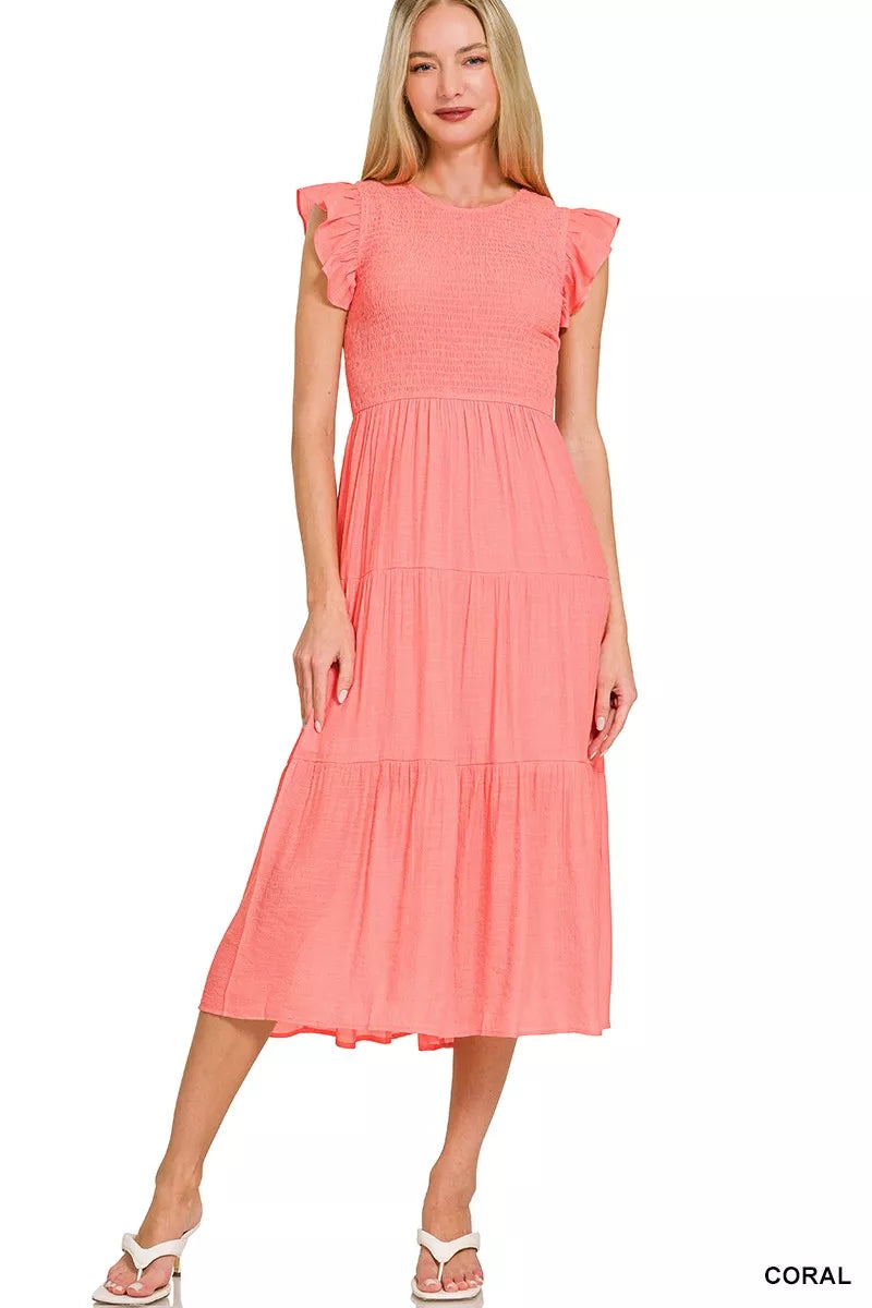 Hazel Blues® |  Zenana Woven Smocked Ruffle Sleeve Midi Dress