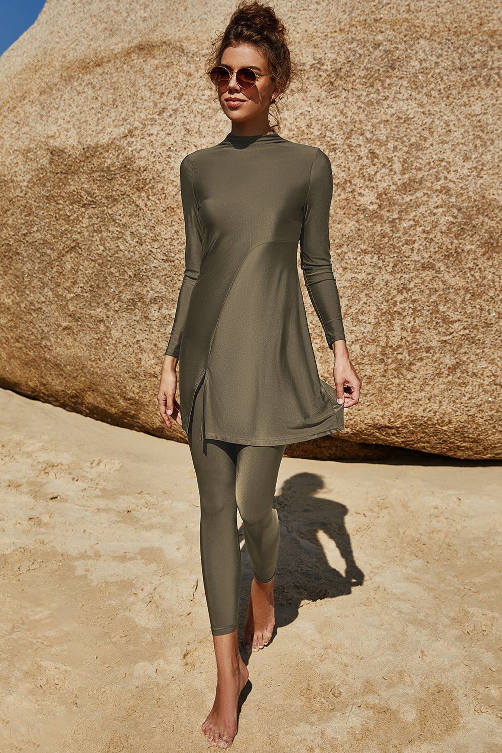 Hazel Blues® | Slit Mock Neck Long Sleeve Top and Pants Swim Set