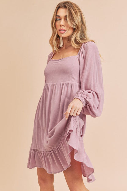 Hazel Blues® |  Aemi + Co Ruffled Hem Square Neck Balloon Sleeve Mini Dress