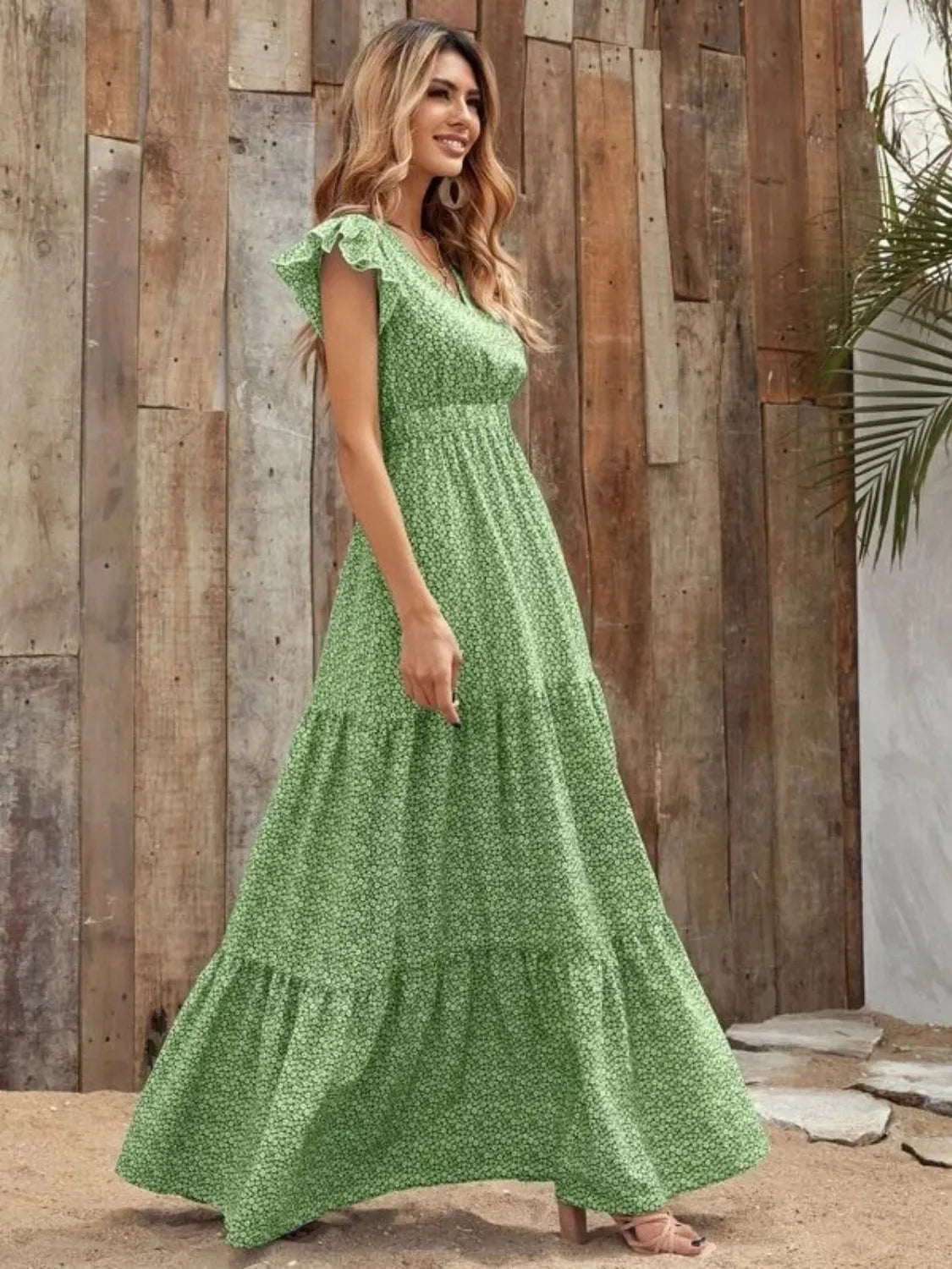 Hazel Blues® |  Printed V-Neck Ruffled Cap Sleeve Maxi Dress