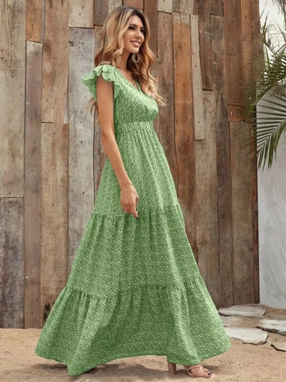 Hazel Blues® |  Printed V-Neck Ruffled Cap Sleeve Maxi Dress