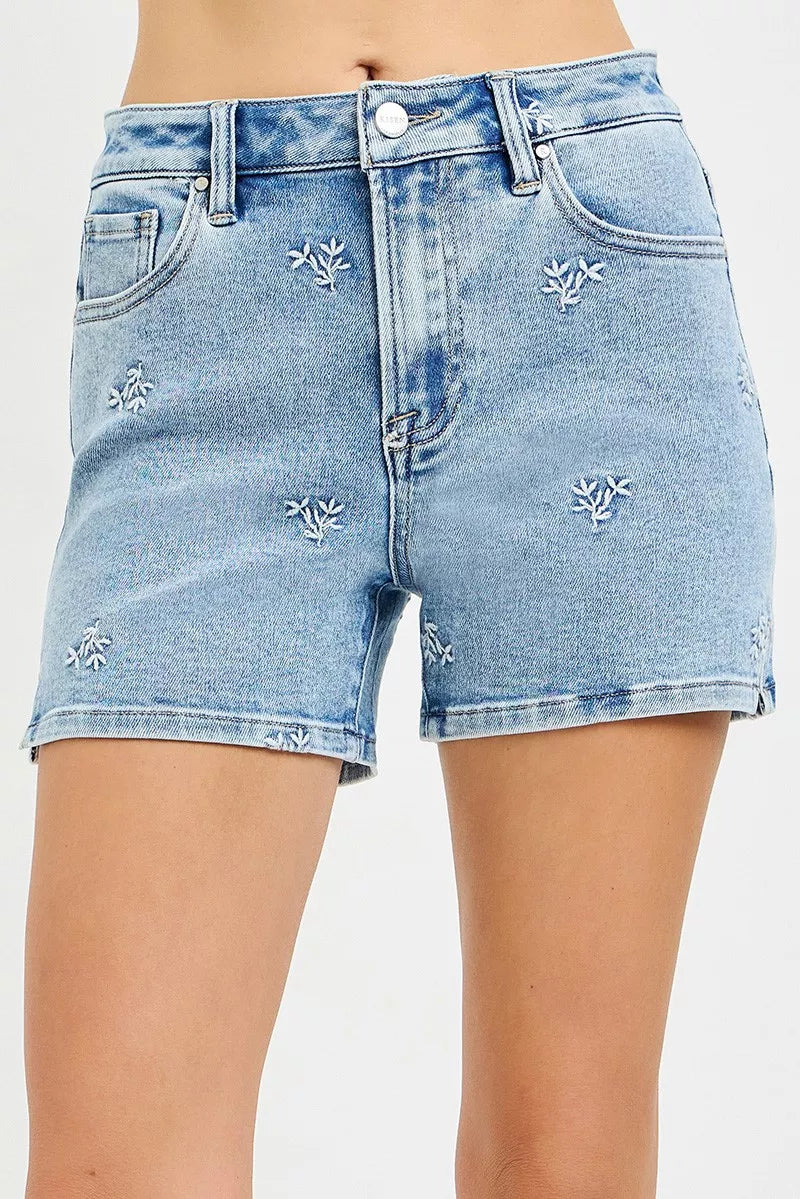 Hazel Blues® |  RISEN High Rise Denim Shorts with Embroidered Detail