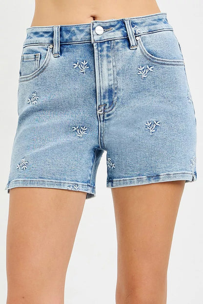 Hazel Blues® |  RISEN High Rise Denim Shorts with Embroidered Detail