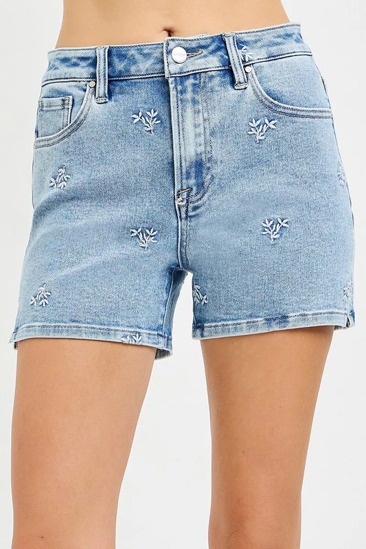 Hazel Blues® |  RISEN High Rise Denim Shorts with Embroidered Detail