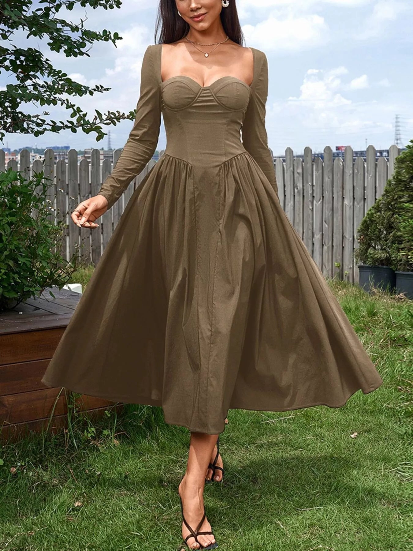 Hazel Blues® |  Sweetheart Neckline Long Sleeve A-Line Midi Dress