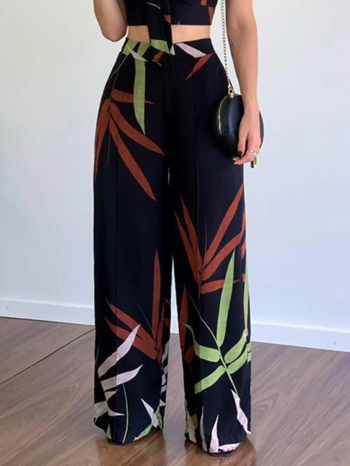 Hazel Blues® |  Tropical Print Spaghetti Strap Crop Top and Wide Leg Pants Set