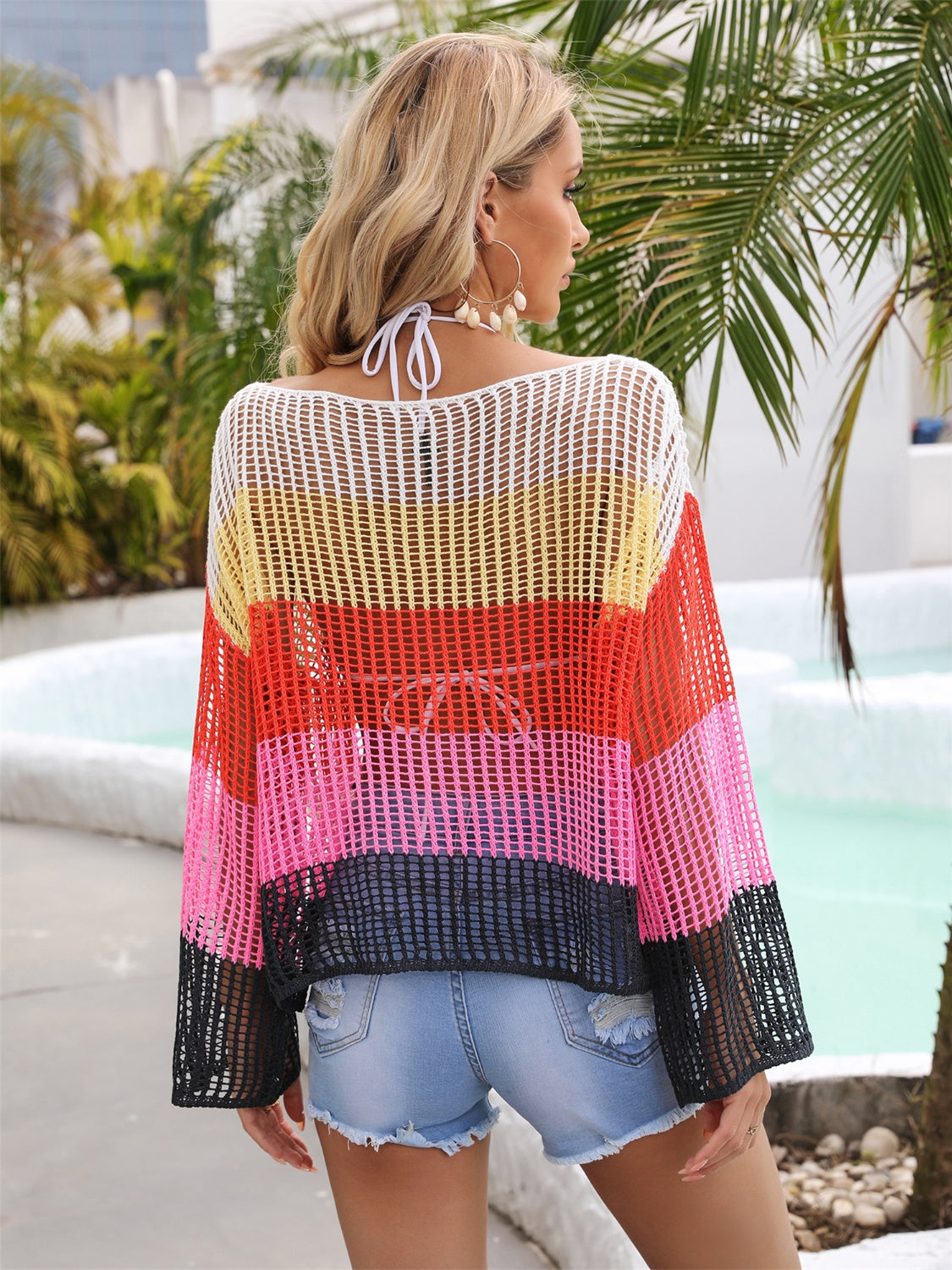 Hazel Blues® | Color Block Openwork Boat Neck Cover Up
