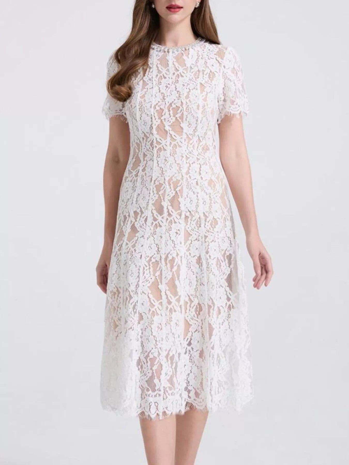 Hazel Blues® |  Lace Pearl Neckline Midi Dress