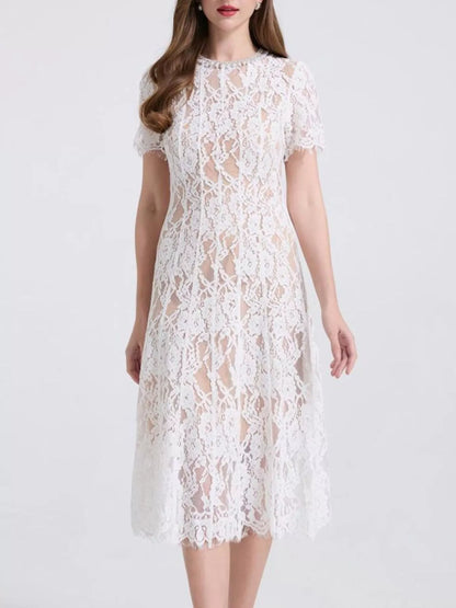 Hazel Blues® |  Lace Pearl Neckline Midi Dress