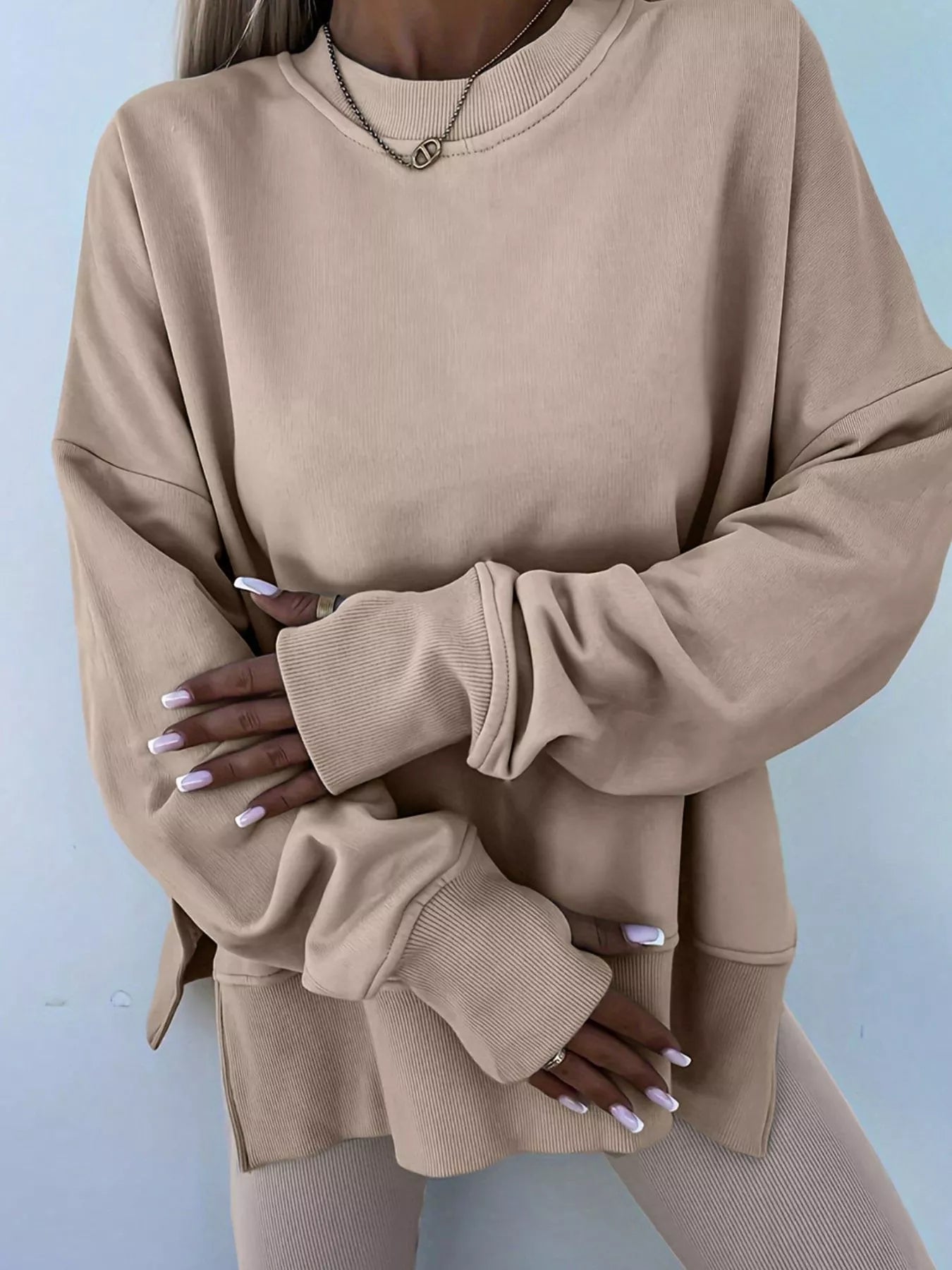 Hazel Blues® |  Solid Color Oversize Slit Sweatshirt and Ribbed Leggings 2pcs Set