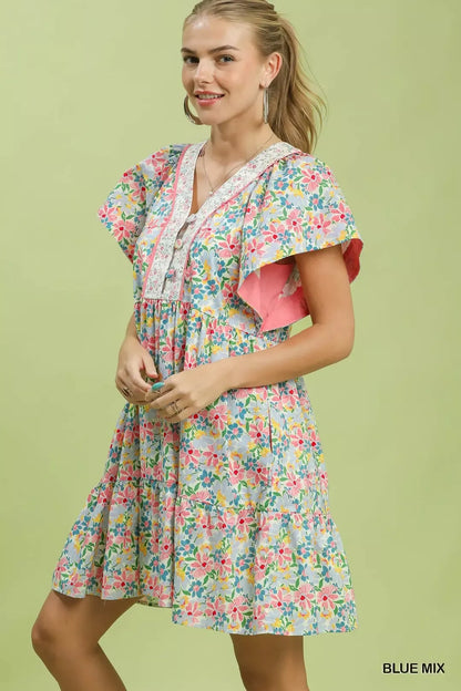 Hazel Blues® |  Umgee Mix Floral Tiered Mini Dress with Side Pockets