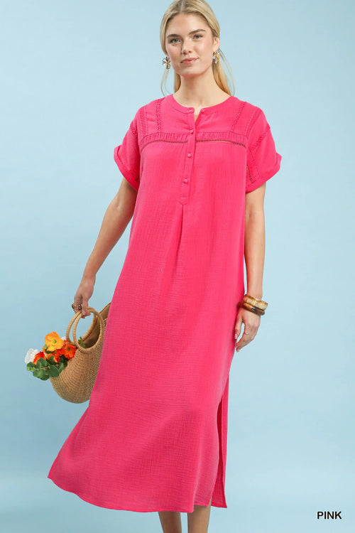 Hazel Blues® |  Umgee Button-Front Gauze Midi Dress with Lace Detail