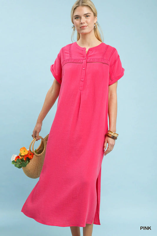 Hazel Blues® |  Umgee Button-Front Gauze Midi Dress with Lace Detail