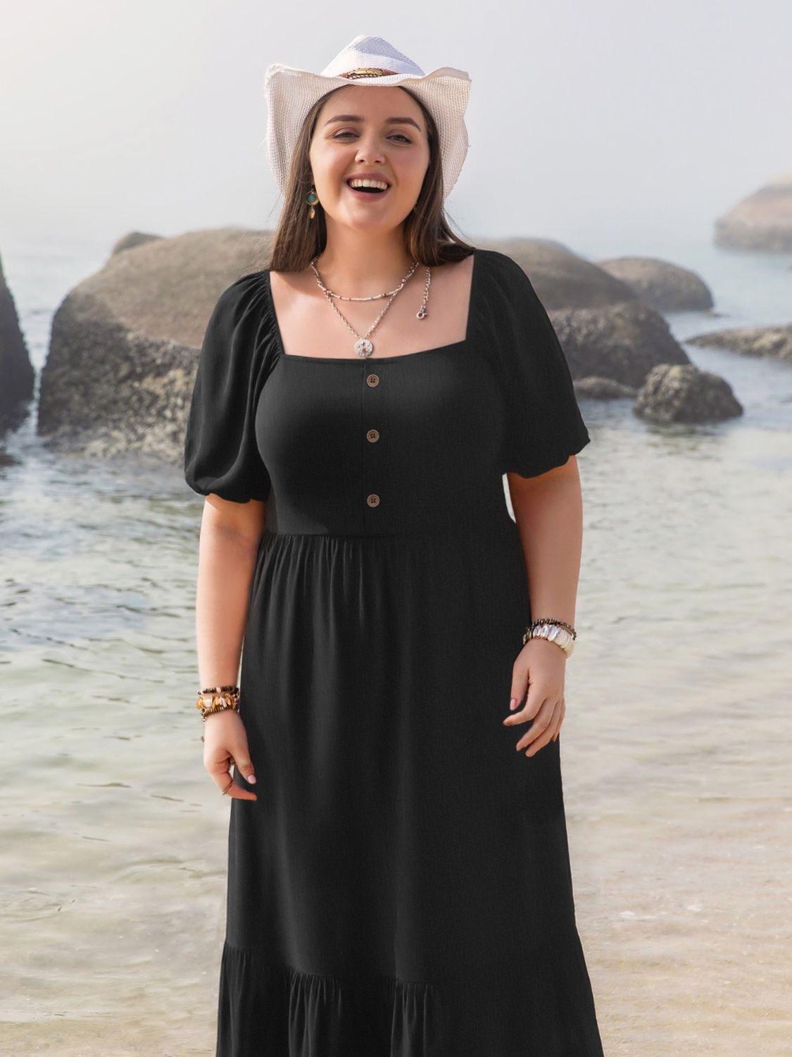 Hazel Blues® | Ruffled Hem Square Neck Short Sleeve Dress