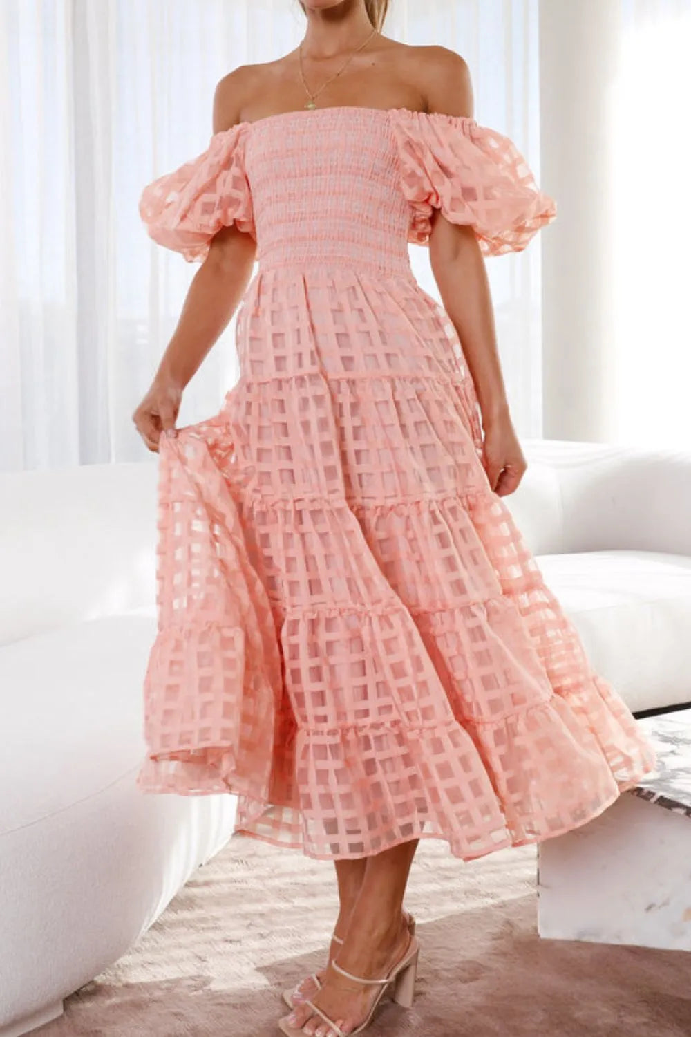 Hazel Blues® |  Off Shoulder Short Puff Sleeve Midi Dress