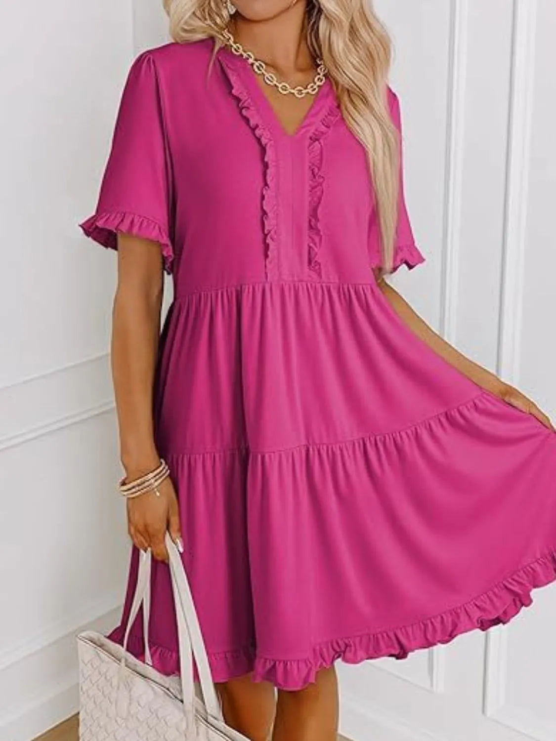 Hazel Blues® |  Tiered Notched Short Sleeve Mini Dress