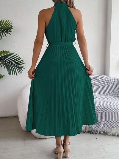 Hazel Blues® |  Grecian Neck Tie Waist Pleated Dress