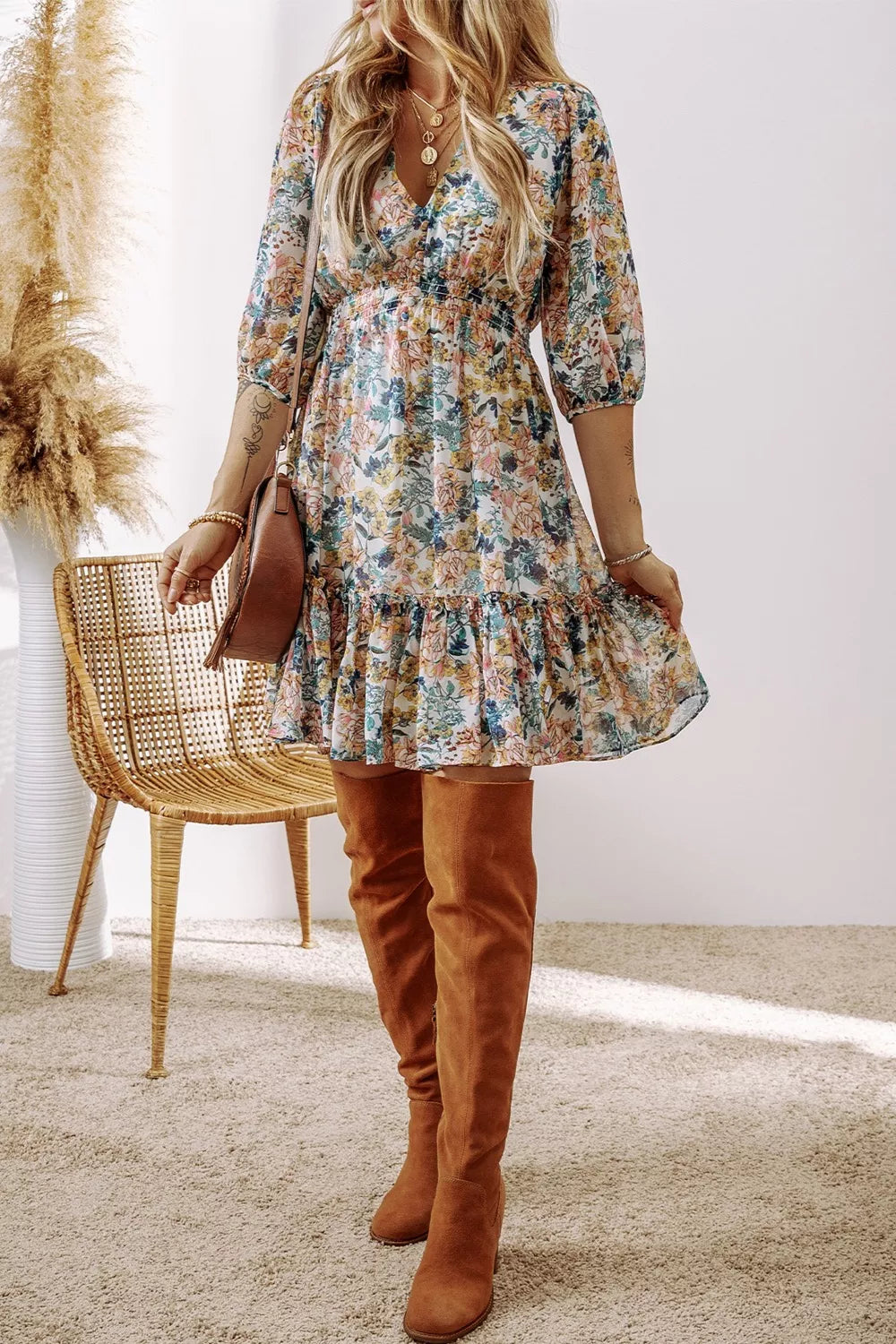 Hazel Blues® |  Floral Print Ruffle Hem Mini Dress