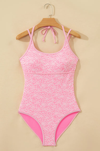 Hazel Blues® | Pink Corded Flower Texture Spaghetti Straps Halterneck One Piece Swimsuit