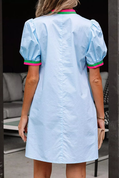 Hazel Blues® |  Puff Sleeve Mini Dress with Contrast Trim