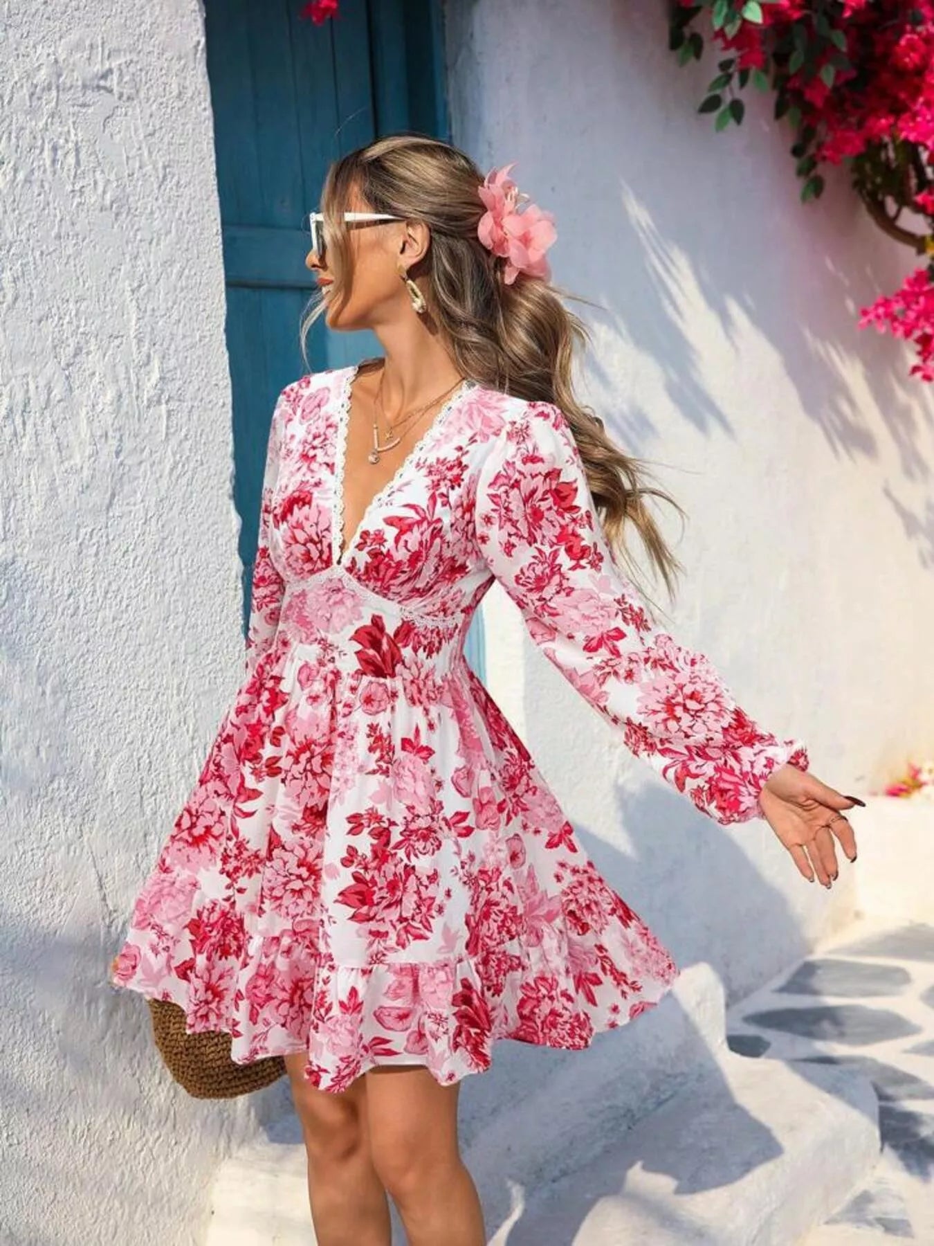 Hazel Blues® | Floral Print V-Neck Long Sleeve Ruffle Hem Mini Dress
