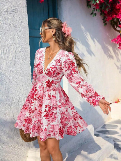 Hazel Blues® | Floral Print V-Neck Long Sleeve Ruffle Hem Mini Dress