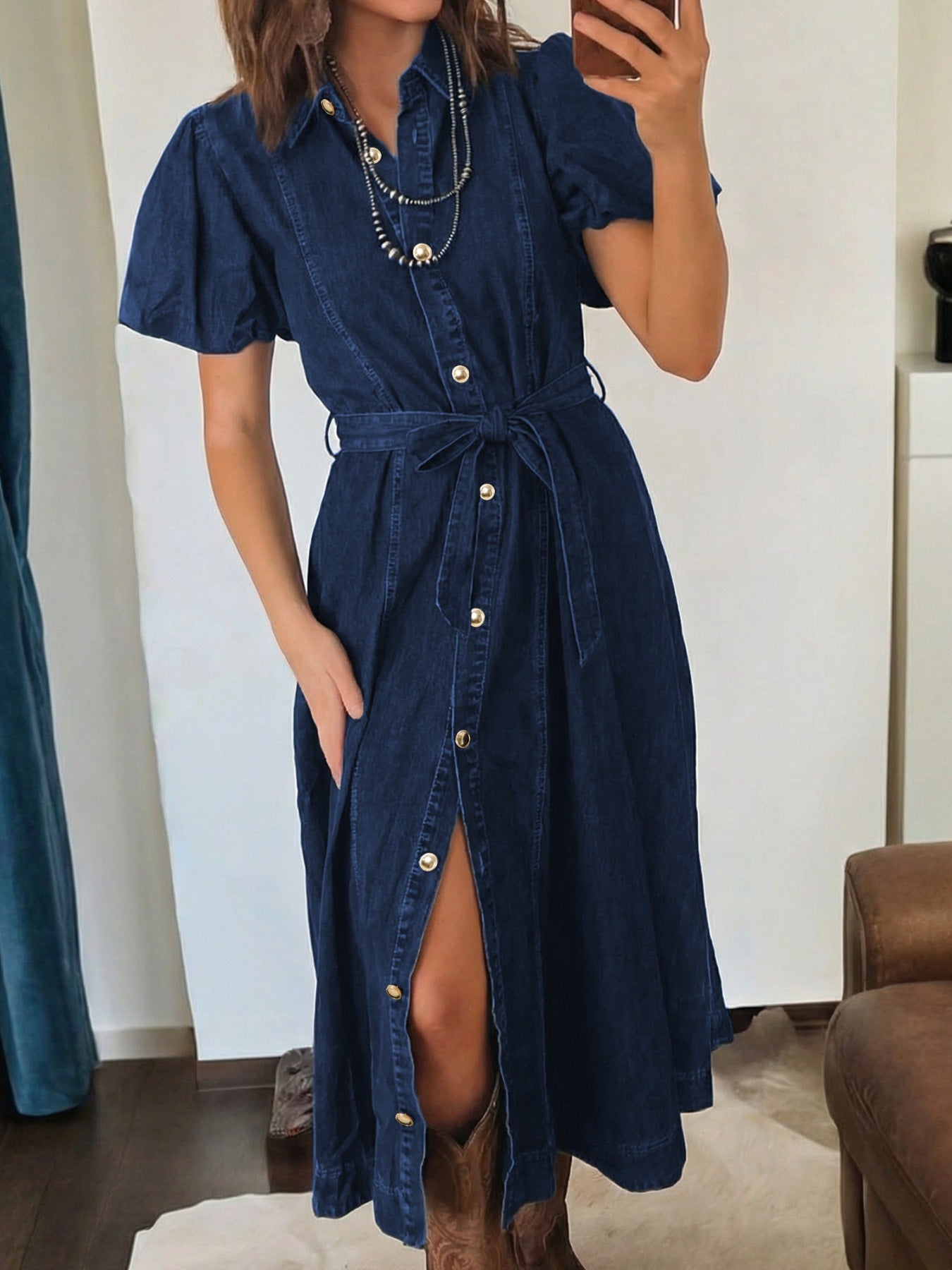 Hazel Blues® |  Belted Button-Down Midi Denim Dress