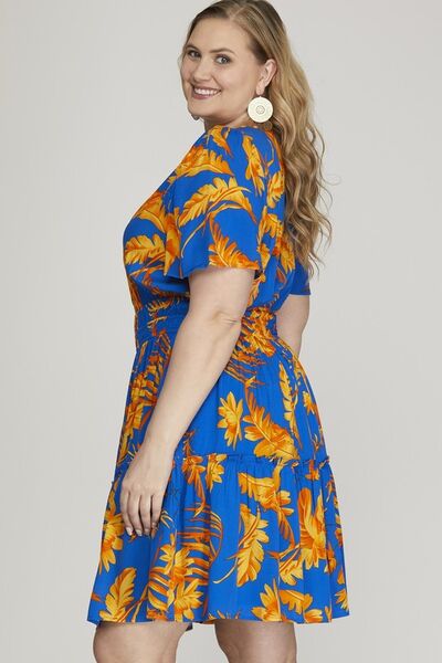 Hazel Blues® | She + Sky Printed Notched Short Sleeve Frill Tiered Dress