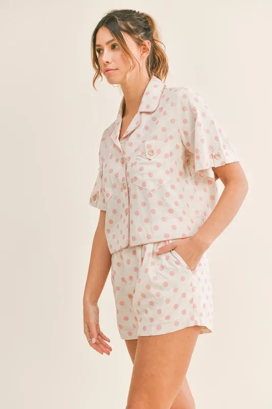 Hazel Blues® |  MABLE Polka Dot Collar Crop Top and Short Lounge Set