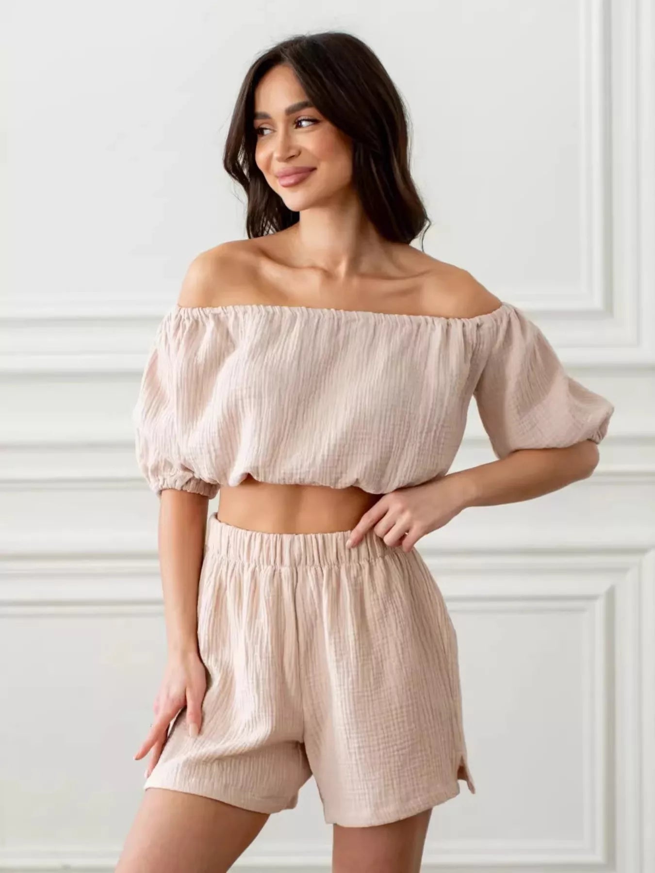 Hazel Blues® |  Off-Shoulder Cropped Top and Shorts Set