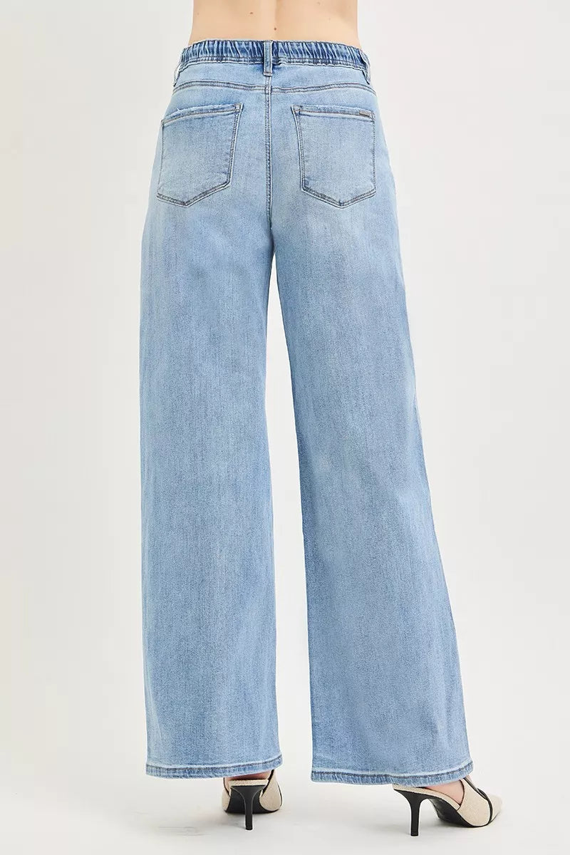 Hazel Blues® |  RISEN Elastic Band Slouchy Wide Jeans with Drawstring