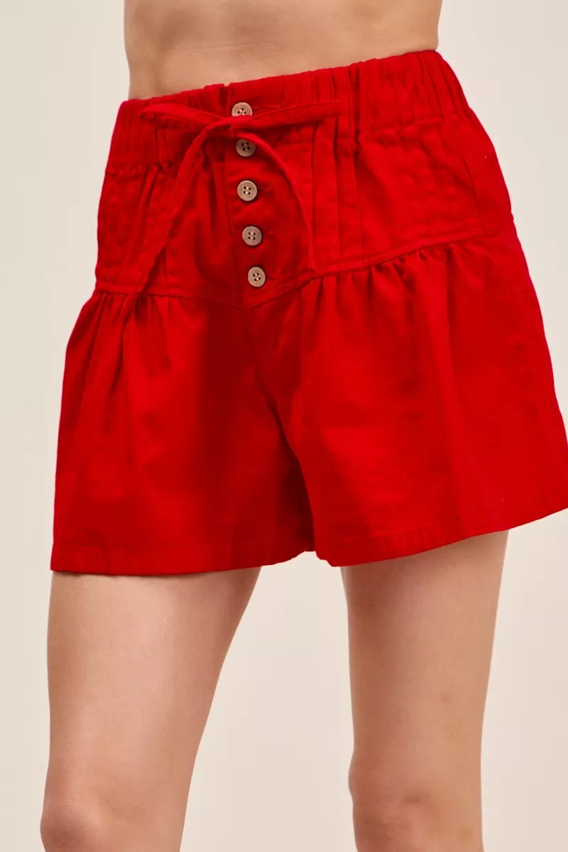 Hazel Blues® |  SO ME Solid Twill Denim Pintucked Buttoned Shorts With Waist Tie